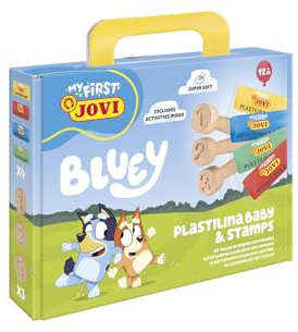 Jovi - My First, kit de modelaje con Bluey, incluye 4 barritas de 38g y 3 Sellos de madera con los números 1, 2 y 3, sin gluten, NO se seca, para niños a partir de 12 meses