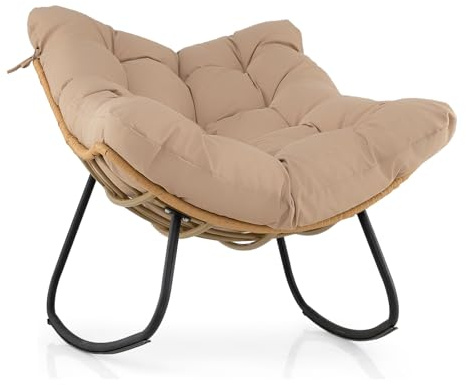 COSTWAY Fauteuil à Bascule Exterieur Interieur XXL, Fauteuil de Jardin en Rotin PE Tressé, Cadre en Métal, Coussin Épais Amovible, Rocking Chair pour Balcon Salon Porche, Charge 140 kg (Beige)