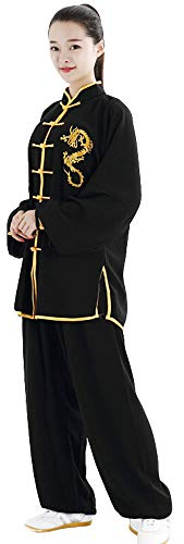 ZooBoo Unisex Cotton and Silk Dragon Embroidery Long Sleeves Tai Chi Uniform Suit Martial Arts Wing Chun Clothing - Black - XXL