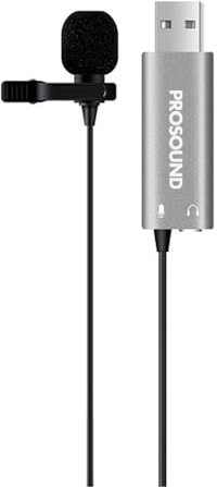 Prosound USB Lavalier Microphone, Clip-On Lapel Omnidirectional Condenser Mic with Windshield, 2m Cable & 3.5mm Headphone Jack for PC Mac Laptop DSLR YouTube Recording Singing Teams Interviews