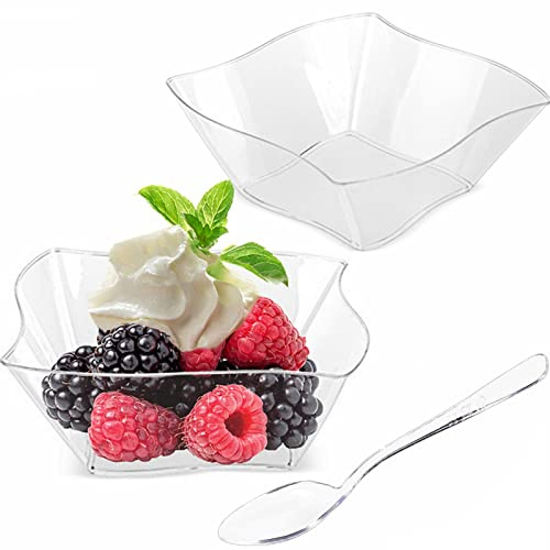 TOFLEN 50ct 5 oz Small Plastic Dessert Cups with Spoons, Clear Appetizer Cups for Parties Mini Serving Bowls, Hors D'oeuvres Plates