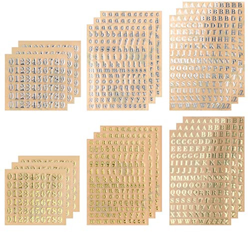 AIEX 18 Blatt Buchstaben Zahlen Aufkleber, Metall Mini Buchstaben Aufkleber Groß- und Kleinbuchstaben Nummernaufkleber für Scrapbooking, Basteln (Gold, Silber), 3.5+4.5mm