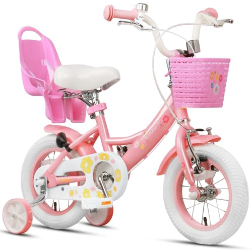 Glerc 12 Pouces vélo pour Enfants pour 12, 3, 4 Ans Petite Fille Mignon vélo avec Roue de Support de Panier et Cloches Rosa & weiß