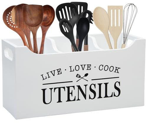 Karisky Kitchen Utensilhalter mit Entwässerungboden, große 3 Fächer solide Realholz -Utensilien Organisator für Küchentheke, Kochwerkzeuge für Bauernhäuser für Arbeitsplatten, Weiß, Weiß