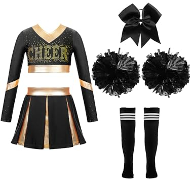 Jowowha 4tlg.Mädchen Cheer Leader Cheerleading Kostüm Langarm Crop Tops mit Rock Pompoms Socken Tanzkleid Halloween Karneval Fasching Partykleid Schwarz 134-140