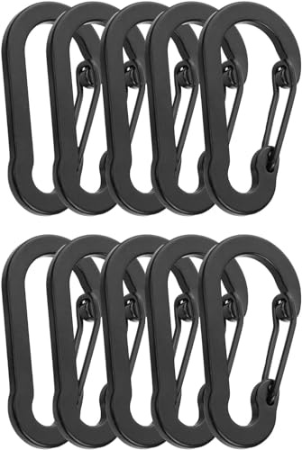 ORTAVA 10 stycken karbinhaka 5 cm, mini svart aluminium D-klämma, liten nyckelring för camping, resor, vandring, fiske, ryggsäck, bälte. | Aluminiumlegering, 50 x 26 x 3 mm, med fjäderlås; för nycklar, ryggsäck, bälte och camping, inte för klättring
