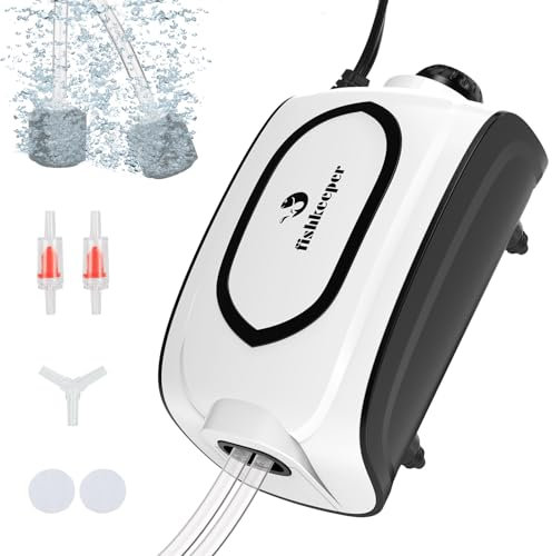 fishkeeper Aquarium Luftpumpe, 420 L/H Einstellbare Sauerstoffpumpe für Aquarien, Luftsprudler Membranpumpe mit Luftstein bis zu 600L, Leistungsstarker Komplettes Aquarium Zubehör Set, 5 Watts