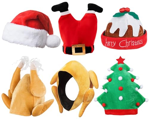 Novelty Christmas Hats Adults and Kids - Novelty Christmas Hat Pack for Kids and Adults - Silly Festive Headwear as Santa Xmas Party Props - Funny Xmas Headwear with Turkey, Pudding and Tress
