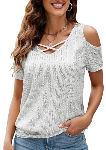 JASAMBAC Womens Evening & Festival Tops - Sequin, Cross & V-Neck, Cold Shoulder, Glitter, Sparkle Short Sleeve Dressy Blouses for Club Party - Silver