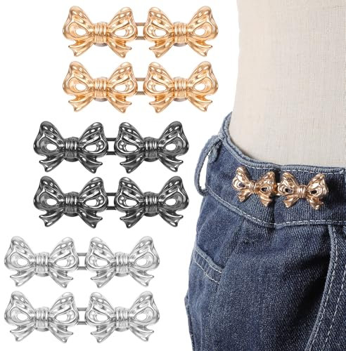 Mabor 6 Sets Pant Waist Tightener Bow Buttons Pins for Loose Jeans Pants Waist Cincher Clip No Sewing Bow Pin Button Adjustable Bowknot Jeans Clip Buckles