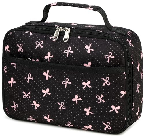 LEDAOU Lunch Box Kids Insulated Lunch Bag Girls Toddler Reusable Lunchbox for School Picnic Hiking (Black-Pink Bow)