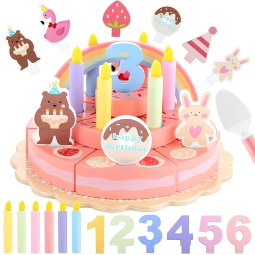 GAGAKU Wooden Birthday Cake Toy – 3-Tier Fake Birthday Cake Play Set for Kids Toddlers 2 Year Old Wooden Play Food Set & Educational Toys for 2 Year Old Learning Toys