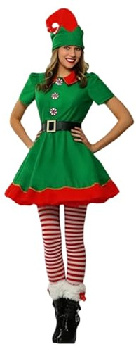 Elf Costume for Women & Men 4pcs Santa's Helper Christmas Costumes Holiday Party Fancy Dress Adults Elf Outfits for Carnival Role Playing Xmas