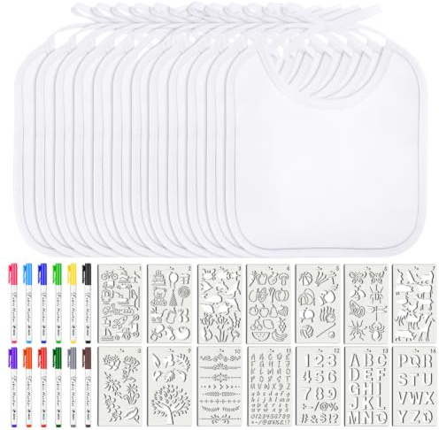 Vicloon Baberos de Bebé para Pintar, 12 Baberos Blancos Impermeables de Algodón con 12 Bolígrafos Textiles y 14 Plantillas, DIY Creativo para Bebé, Regalos para Baby Shower (20 x 18 cm)