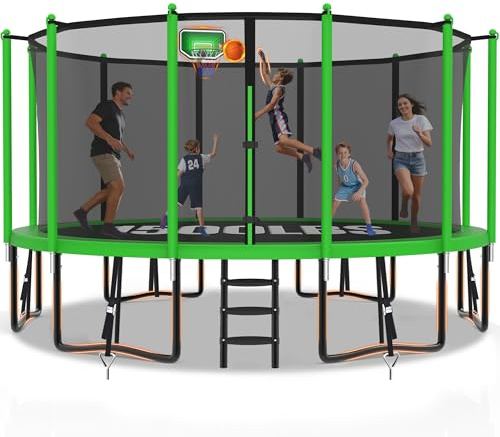 YORIN【Upgrade Thickened】 1500LBS Outdoor Jumper with Basketball Hoop, 16 FT Blue Heavy Duty for Kids & Adults, ASTM Certified Backyard Play Center with Safety Net, Ladder, Wind Anchors