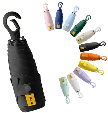 Travebo Mini Travel Folding Umbrella with Round Carabiner Ring for Women Children and Sun and Rain, Teflon Coating, Double Ribs Made of Fibreglass, UV Protection UPF 50+, Lightweight Compact, Bag