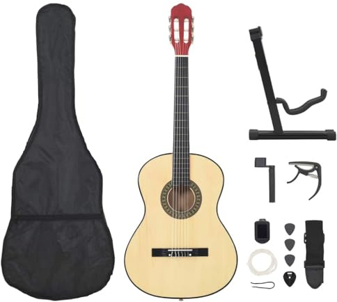 Ziaphsol Lot de 12 guitares classiques pour débutants, 4/4, 99 cm, en bois de tilleul naturel, avec accordeur, capodastre, manivelle et accessoires pour l'exercice et la scène