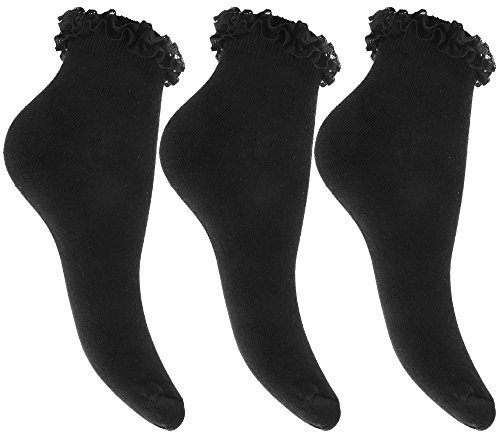 QZ FASHION 6 Pairs Ladies Girls Frilly White Lace Trim Ankle Trainer Liner Socks Uk Size 4-6 (UK, Numeric, 4, 6, Black)
