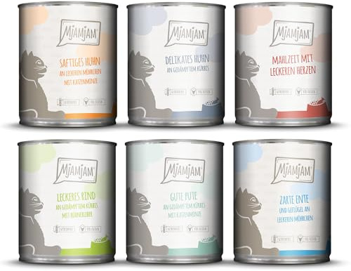 MjAMjAM Cibo umido premium per gatti, confezione mista III, pollo e zucca, tacchino, anatra e pollame, cuori, pollo, manzo, confezione da 6 (6 x 800 g), senza cereali con carne extra