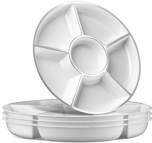 Plasticpro 6 Sectional Round Plastic Serving Tray/Platters White & Silver Pack of 2