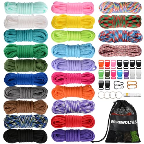 550 Paracord Type III - Survival Paracord Bracelet Rope Kits - Tent Rope Parachute Cord Combo Crafting Kits, Many Colors of Outdoor Survival Rope - Great Gift (24 Color)