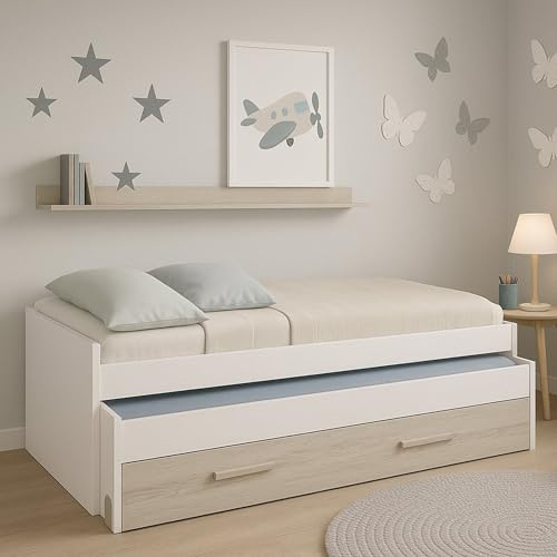 Dmora - Letto per Bambini Sunnyvale, Struttura Letto per cameretta, Letto Singolo con Lettino Estraibile, cassettone e mensola, 199x96h65 cm, Bianco