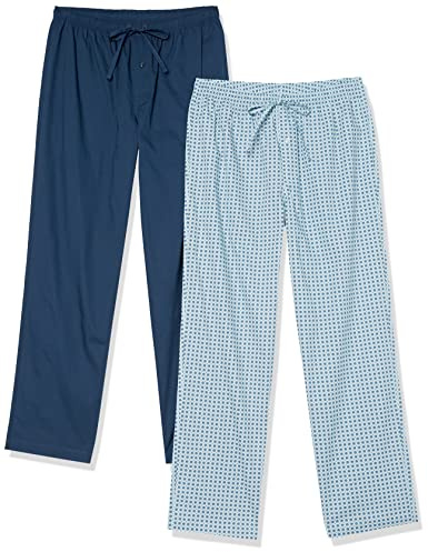 Amazon Essentials Pantaloni di Pigiama Lunghi in Popeline di Cotone Uomo, Pacco da 2, Blu Stampa Disegni Geometrici/Indaco, L