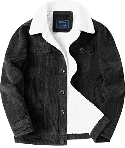 LOUECHY Men's Corduroy Sherpa Lined Trucker Jacket Thickened Warm Winter Coats 9720/Black-L