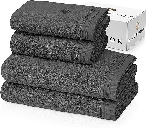 KLASBROOK® Linnea 4 teiliges Luxus Handtücher Set Anthrazit, extra flauschig und saugfähig aus 100% Baumwolle Oeko-TEX 100 Zertifiziert mit Aufhänger, 2 Handtücher 50x100 + 2 Badetücher 70x140