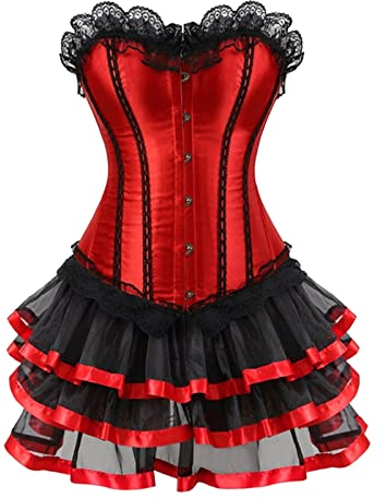 KBOPLEMQ Moulin Rouge Gothic Corsagenkleid Korsett Spitenrock Übergrößen Damen Court Korsett Puff Kleid Damen Kleid Boden Cosplay Mittelalterliches Damen Länge Vintage Gothic Shapwear Kleid M-3XL