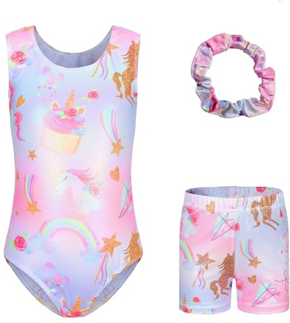 Sinoeem Maillot de gimnasia para niñas, manga larga/sin mangas, ropa de danza, ballet, pantalones cortos deportivos y diadema de colores brillantes para niñas de 5 a 12 años