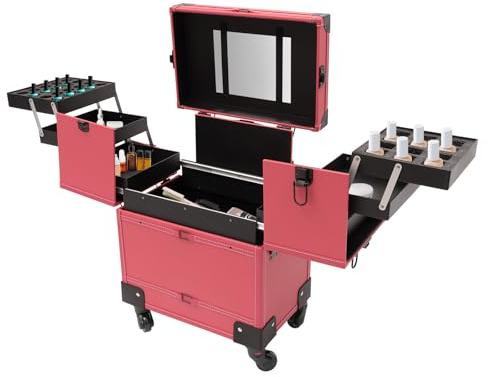 Mallette de maquillage à roulettes - Organiseur de maquillage professionnel - Grande valise de maquillage - Mallette de coiffeur - 4 poignées et miroir, Rose, Mallette de maquillage