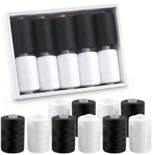 Swpeet Hilos de poliéster 10 piezas 910 metros Negro Blanco 2 colores Hilos multiusos con agujas de coser Kit, Prácticos hilos de poliéster para coser y bordar, Juego de hilos y agujas de mano para
