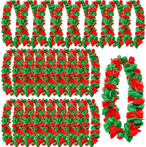 Tlswshsy 24 Pcs Christmas Leis, Red and Green Hawaiian Flower Necklace, Tropical Luau Leis for Christmas Cosplay Beach Wedding Carnival Themed Party Decorations