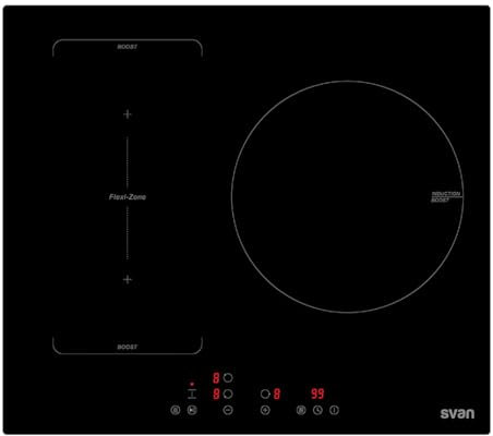Svan Placa de Inducción Cristal negro SIFZ3600. Potencia máx. 6600 W, 3 Zonas de Cocción, 9 Niveles de Cocción, Control Táctil, Función Turbo, Bloqueo y Autodesconexión de Seguridad
