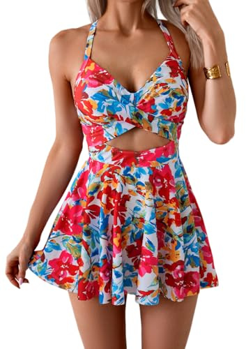 B2prity Women Cutout One Piece Skirt Swimsuit V Neck Wrap Tie Back Swimdress Tummy Control Bathing Suits