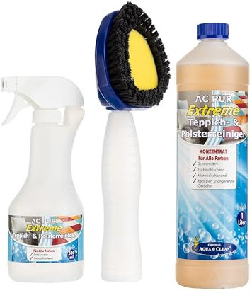 AQUA CLEAN AC PUR Extreme Teppich- & Polsterreiniger Set, 1L Konzentrat, 500ml Sprühflasche, Reinigungsbürste, Farbauffrischend