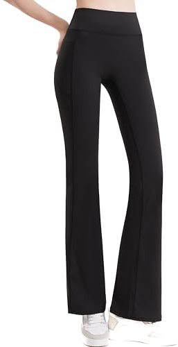 Hillblake High-Waist Flared Yoga Pants, Tummy Control, 4-Way Stretch, 2 Pockets, (L, Black)