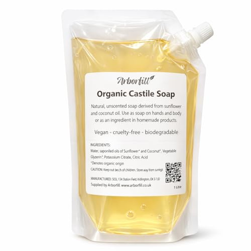 Organic Castile Soap, Unscented, 1 Litre Refill, Vegan Pure Liquid Soap for Hand, Body & DIY products, Natural Homemade Product Ingredient