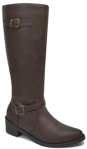Dernolsea Knee High Boots Women, Flat Low Block Heel Buckle Side Zip Knee Length Boots Brown 5 UK