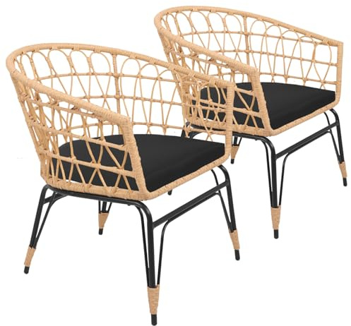 Happy Garden Aiko - Set di 2 poltrone in rattan sintetico con cuscini, stile vintage per interni ed esterni, in resina marrone e acciaio nero