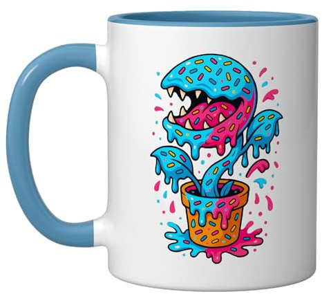 Carnivorous Plant Venus Fly Trap Design Blue Pink Drip Ceramic Mug, Blue/White