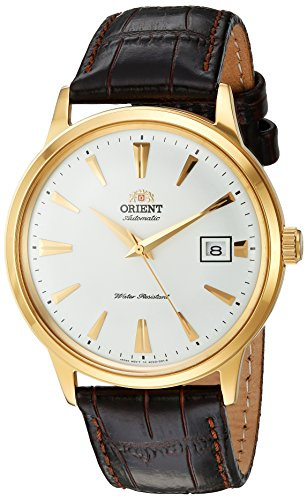 Orient Bambino Version I, japanische Automatik-Armbanduhr aus Edelstahl und Leder, Goldfarben, Gurt