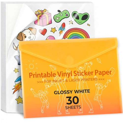 JANDJPACKAGING Printable Vinyl Sticker Paper, Glossy White, 8.5x11