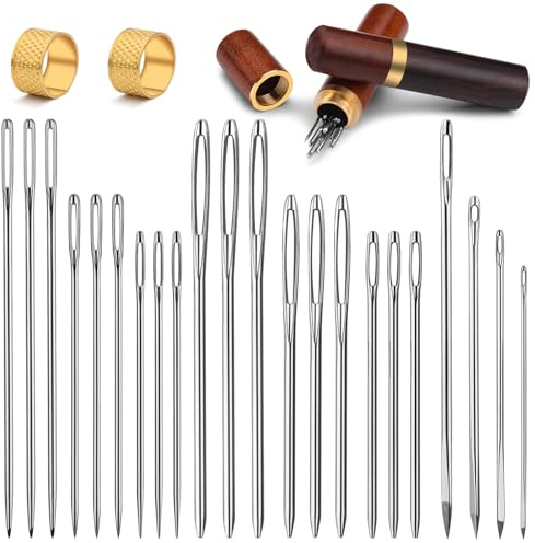 26 Pcs Triangle Leather Sewing Needles Kit Includes 4 Sizes, Large Eye Needles, Blunt and Pointed Stitching Needles for Leather Stitching Hand Sewing