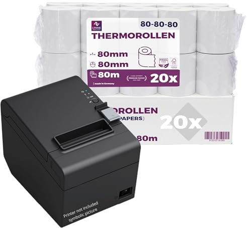 Thermorollen 80mm x 80m x 12mm - Kassenrollen - Bonrollen für Registrierkasse - Bondrucker - Thermopapier – BPA Frei (20 Rollen)