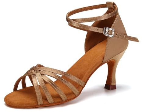 RUYBOZRY Kvinnor Latinska Dansskor Satin Balsalong Salsa dansskor, 802QB-7cm,Beige,EU 37
