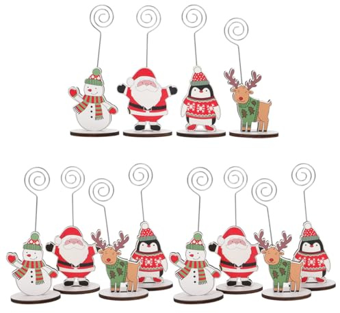 Healifty 12pcs Christmas Party Card Holder Christmas Snowman Santa Reindeer Place Card Holder with Wooden Base Xmas Table Name Party Supplies (Assorted Style)