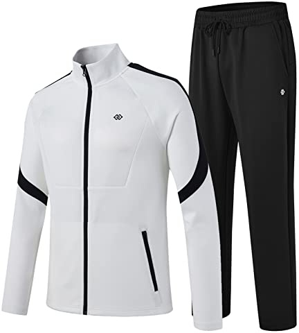 MoFiz Men's Casual Sports Tracksuit Set Full Zip Contrast Cord Running Joggers Athletic Sweat Suits Jackets with Zipper Pockets Black-white Tag US L