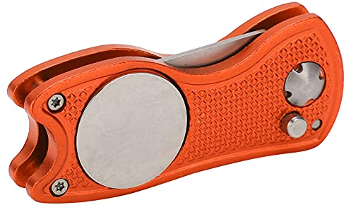 Yuecoom Faltbare Golf-Pitchfork aus Edelstahl mit magnetischem Knopf, ergonomischer Design-Griff Golf Green Fork Divot-Reparaturwerkzeug, Golf Divot-Putting-Gabel für Golfliebhaber(Orange)